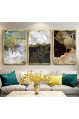 3 LÜ MERMER GOLD DETAYLI TASARIM KIRILMAZ CAM TABLO LÜKS TABLO EV HEDİYESİ