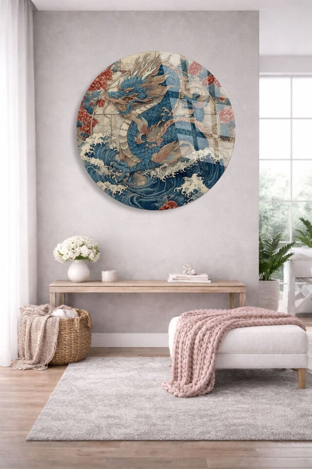 KIRILMAZ CAM DUVAR TABLOSU – JAPON EJDERHA DALGA SANAT TASARIMI | ASYA TEMALI DEKOR