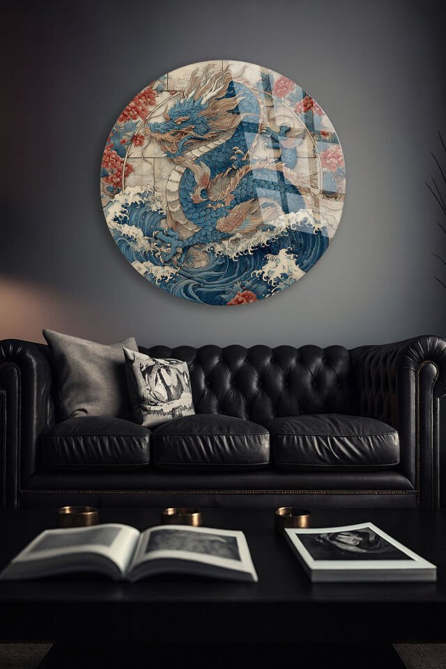 KIRILMAZ CAM DUVAR TABLOSU – JAPON EJDERHA DALGA SANAT TASARIMI | ASYA TEMALI DEKOR