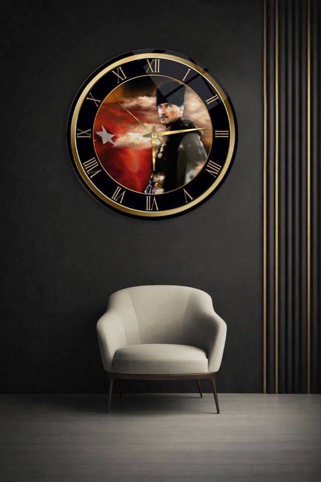 KIRILMAZ CAM DUVAR SAATİ, HEM TABLO HEM SAAT ATATÜRK PORTRELİ TÜRK BAYRAKLI KLASİK ÇERÇEVE TASARIM EV OFİS HEDİYESİ