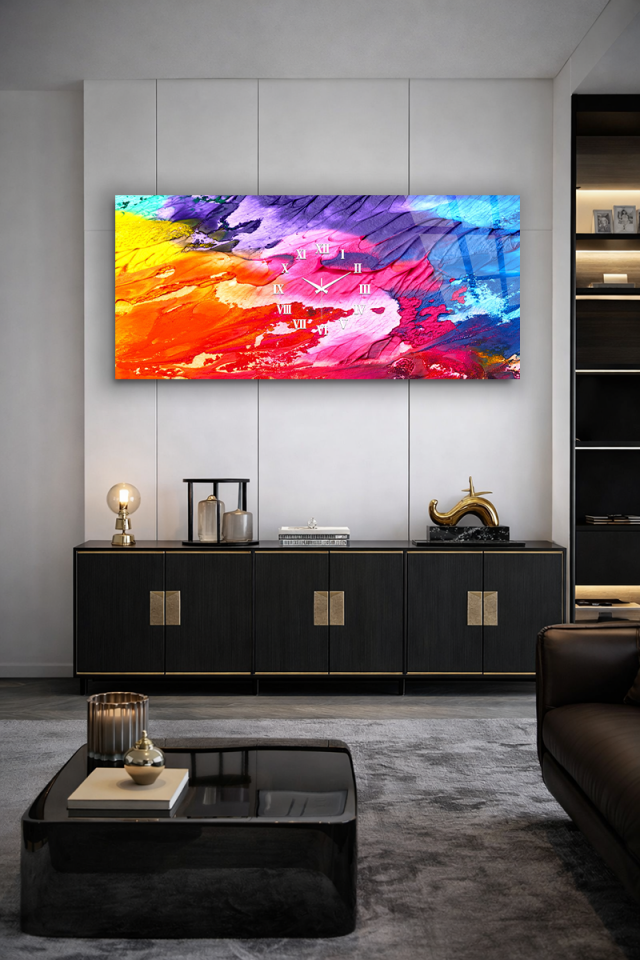 KIRILMAZ CAM DUVAR SAATİ , HEM TABLO HEM SAAT RENKLİ SOYUT SANAT DOKU EV OFİS HEDİYESİ