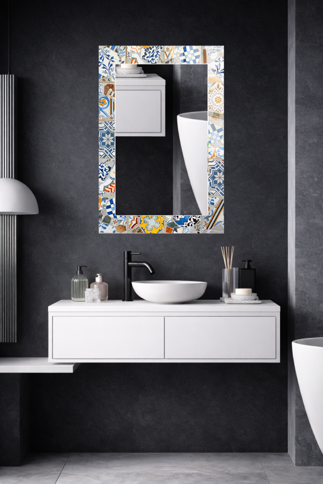 HEM TABLO HEM AYNA MAVİ BEYAZ ÇİNİ MOZAİK DESEN CAM DUVAR AYNASI EV DEKORU