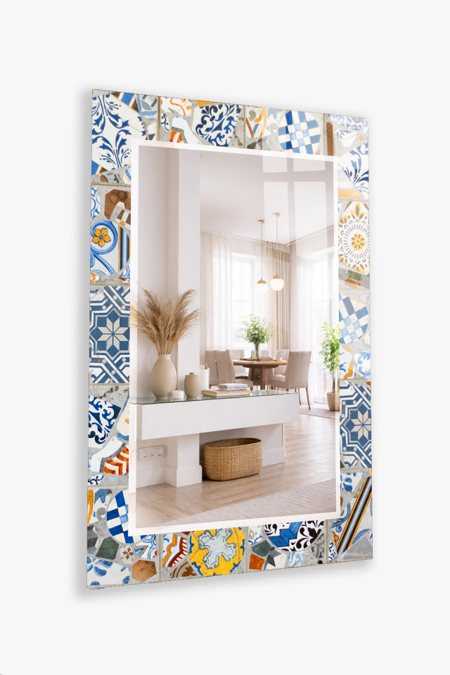 HEM TABLO HEM AYNA MAVİ BEYAZ ÇİNİ MOZAİK DESEN CAM DUVAR AYNASI EV DEKORU