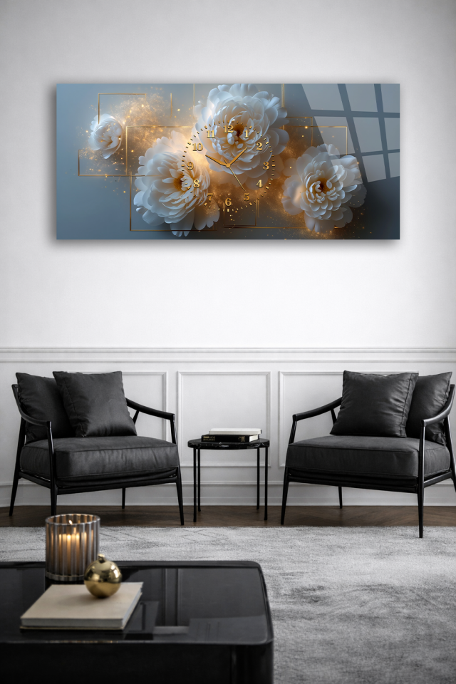 KIRILMAZ CAM DUVAR SAATİ , HEM TABLO HEM SAAT BEYAZ ÇİÇEK ALTIN DETAY EV OFİS HEDİYESİ