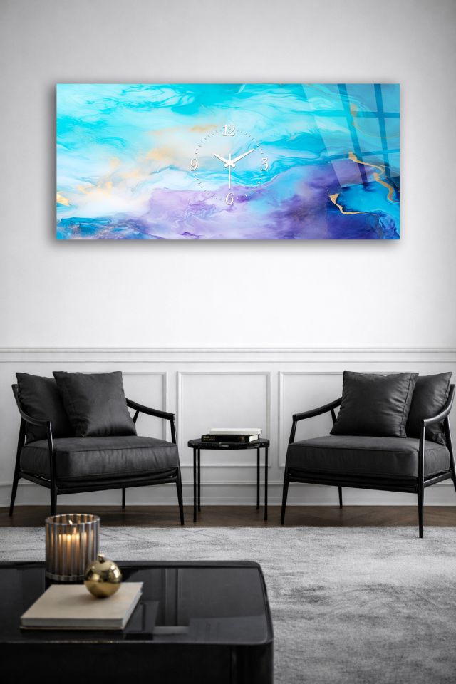 KIRILMAZ CAM DUVAR SAATİ , HEM TABLO HEM SAAT MAVİ SOYUT DALGA DESEN EV OFİS HEDİYESİ