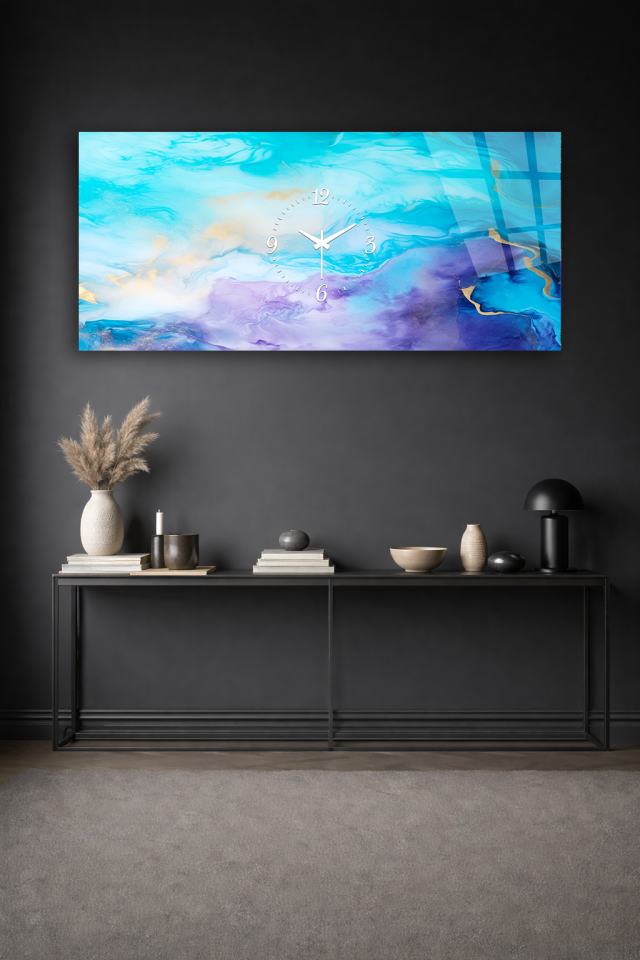 KIRILMAZ CAM DUVAR SAATİ , HEM TABLO HEM SAAT MAVİ SOYUT DALGA DESEN EV OFİS HEDİYESİ
