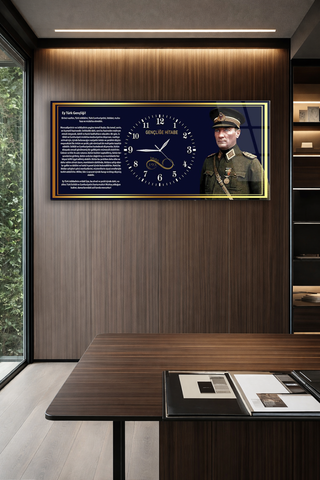 KIRILMAZ CAM DUVAR SAATİ , HEM TABLO HEM SAAT LACİVERT ATATÜRK GENÇLİĞE HİTABE EV OFİS HEDİYESİ