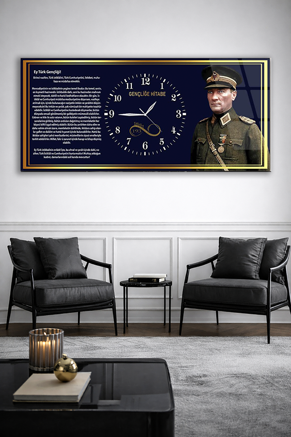KIRILMAZ CAM DUVAR SAATİ , HEM TABLO HEM SAAT LACİVERT ATATÜRK GENÇLİĞE HİTABE EV OFİS HEDİYESİ
