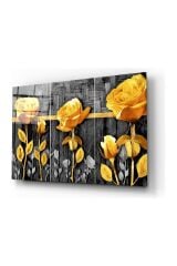 3 LÜ GRİ RETRO TEMA ALTIN ÇİÇEKLER MODERN TASARIM KIRILMAZ CAM TABLO LÜKS TABLO EV HEDİYESİ