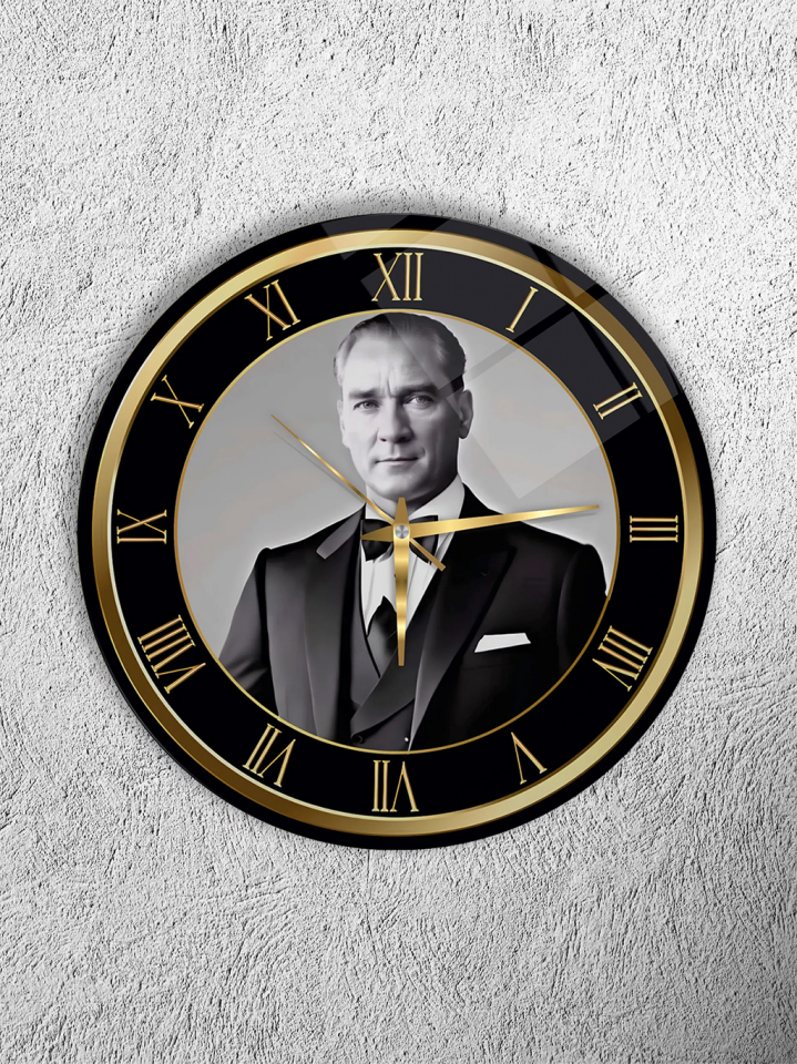 KIRILMAZ CAM DUVAR SAATİ, HEM TABLO HEM SAAT ATATÜRK SİYAH BEYAZ PORTRE KLASİK TASARIM EV OFİS HEDİYESİ
