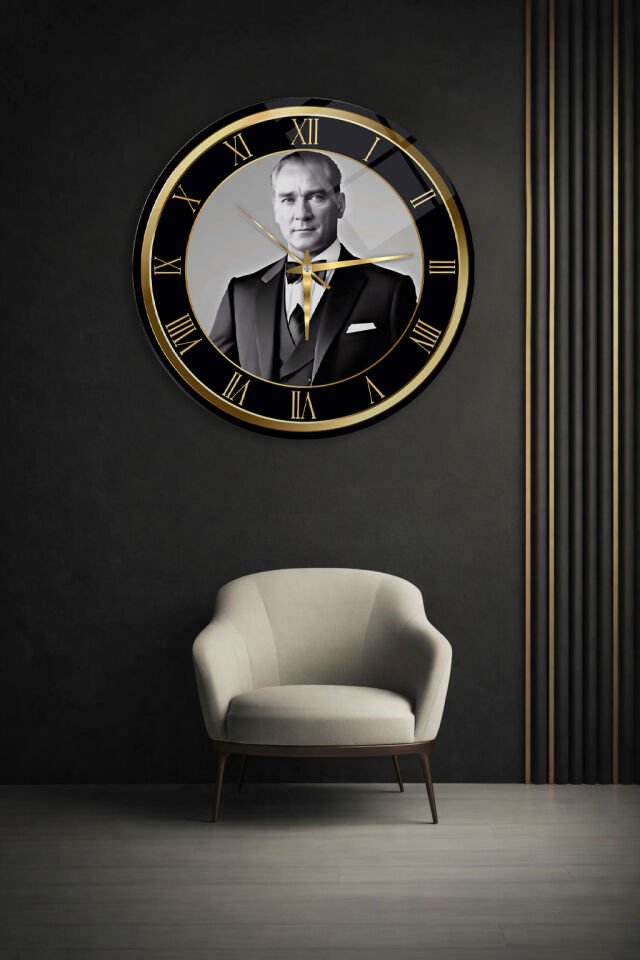 KIRILMAZ CAM DUVAR SAATİ, HEM TABLO HEM SAAT ATATÜRK SİYAH BEYAZ PORTRE KLASİK TASARIM EV OFİS HEDİYESİ