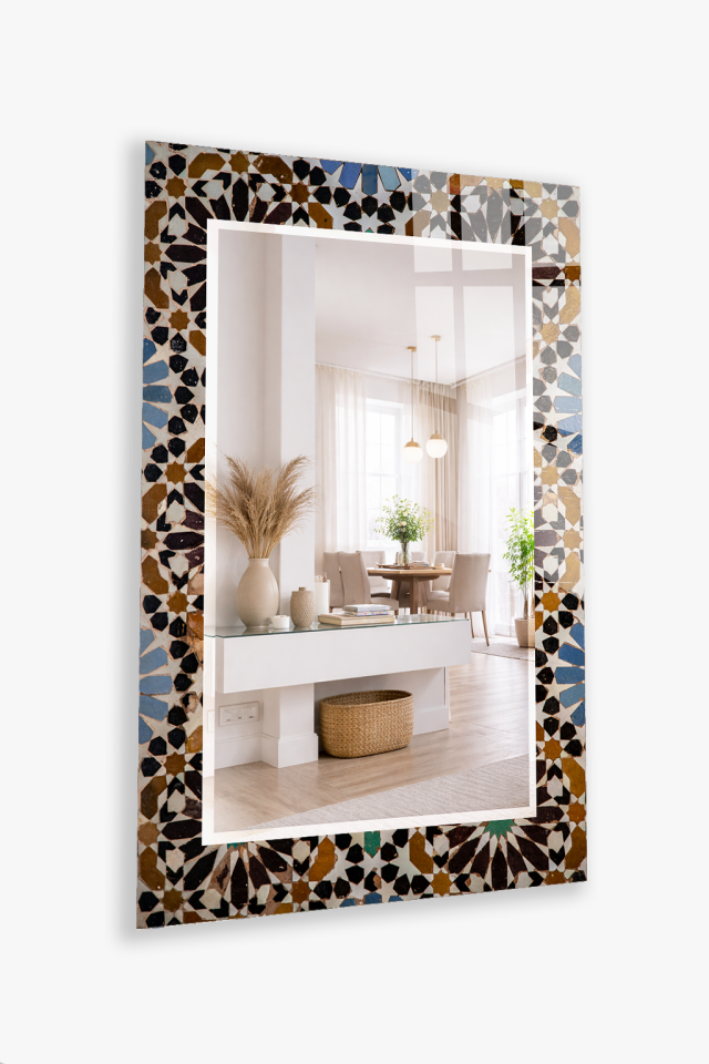 HEM TABLO HEM AYNA OSMANLI YILDIZ GEOMETRİK MOZAİK CAM DUVAR AYNASI EV DEKORU