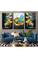 3 LÜ ALTIN FİLLER HARİKA RENK UYUMU MODERN TASARIM KIRILMAZ CAM TABLO LÜKS TABLO EV HEDİYESİ