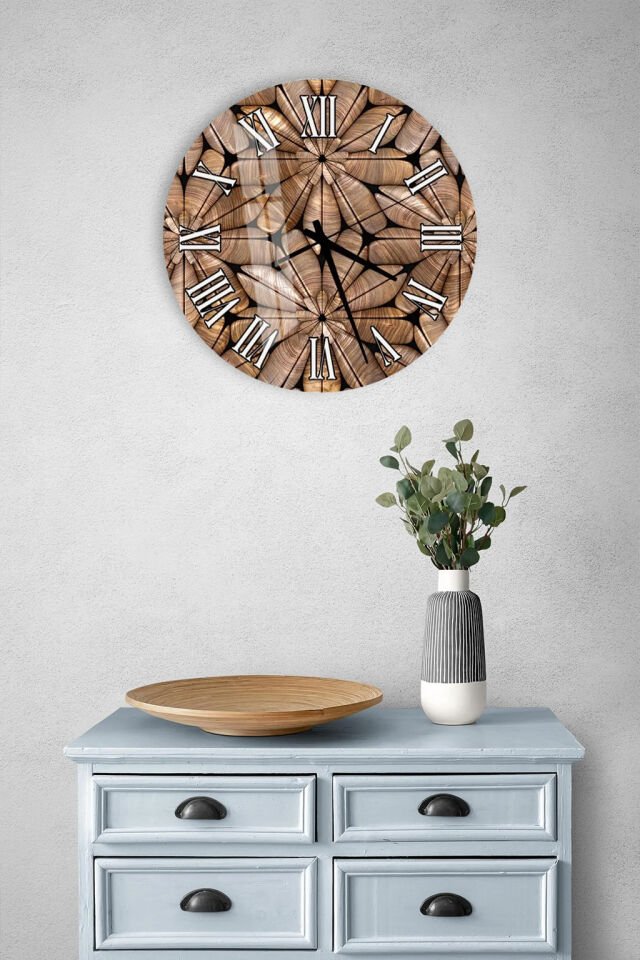 KIRILMAZ CAM DUVAR SAATİ, HEM TABLO HEM SAAT AHŞAP DESENLİ KLASİK TASARIM EV OFİS HEDİYESİ