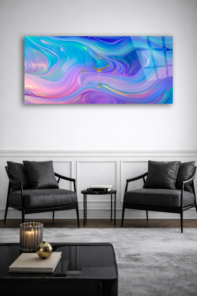 KIRILMAZ CAM DUVAR SAATİ , HEM TABLO HEM SAAT PASTEL MAVİ MOR DALGA EV OFİS HEDİYESİ