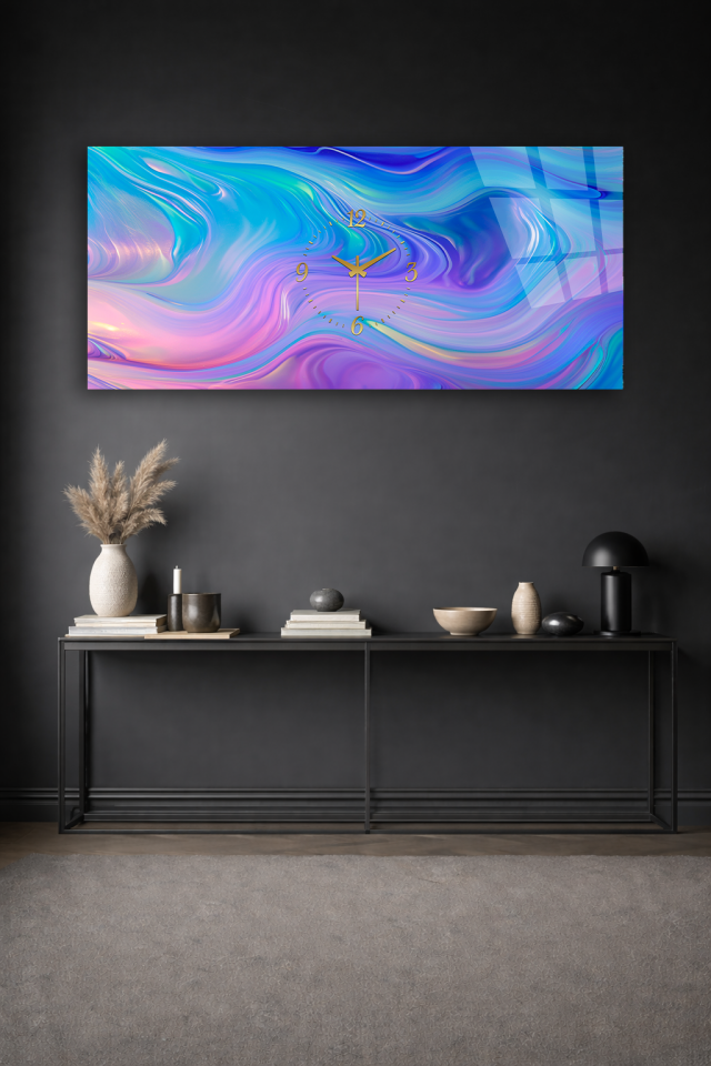 KIRILMAZ CAM DUVAR SAATİ , HEM TABLO HEM SAAT PASTEL MAVİ MOR DALGA EV OFİS HEDİYESİ
