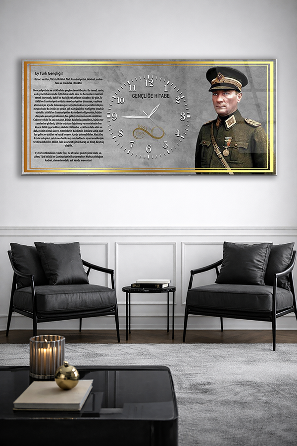 KIRILMAZ CAM DUVAR SAATİ , HEM TABLO HEM SAAT ATATÜRK GENÇLİĞE HİTABE EV OFİS HEDİYESİ