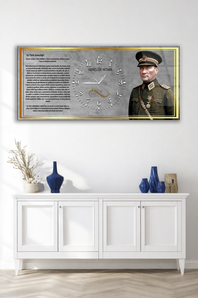 KIRILMAZ CAM DUVAR SAATİ , HEM TABLO HEM SAAT ATATÜRK GENÇLİĞE HİTABE EV OFİS HEDİYESİ