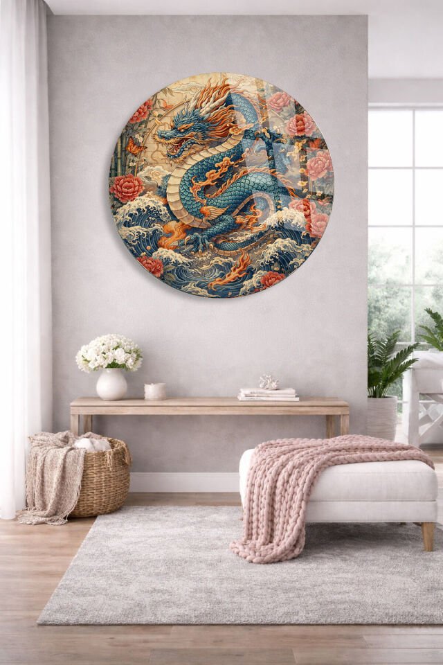 KIRILMAZ CAM DUVAR TABLOSU – ALEV EJDERHA JAPON SANAT TASARIMI | ASYA DEKOR