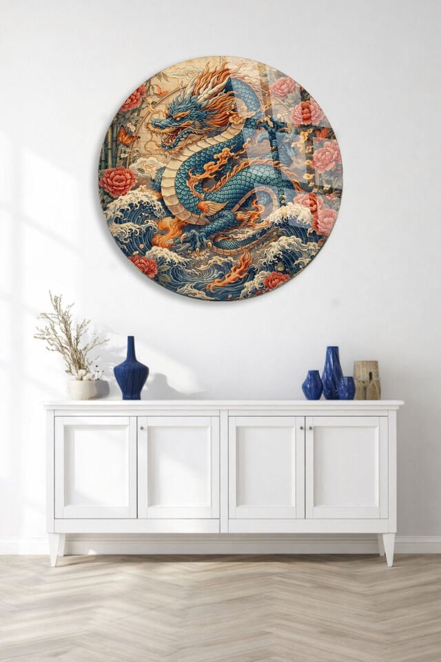 KIRILMAZ CAM DUVAR TABLOSU – ALEV EJDERHA JAPON SANAT TASARIMI | ASYA DEKOR