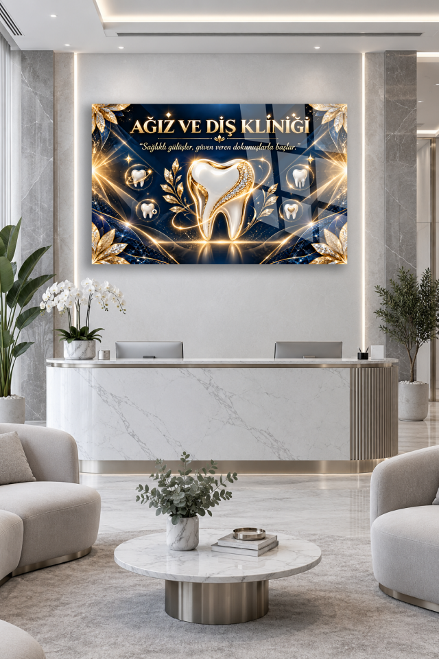AĞIZ VE DİŞ KLİNİĞİ YAZILI ALTIN MÜCEVHERLİ DİŞ FİGÜRLÜ CAM TABLO KLİNİK HEDİYESİ