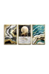 3 LÜ MERMER DESENLER ALTIN ÇENTİK DETAY MODERN TASARIM KIRILMAZ CAM TABLO LÜKS TABLO EV HEDİYESİ