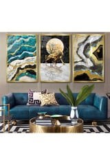 3 LÜ MERMER DESENLER ALTIN ÇENTİK DETAY MODERN TASARIM KIRILMAZ CAM TABLO LÜKS TABLO EV HEDİYESİ