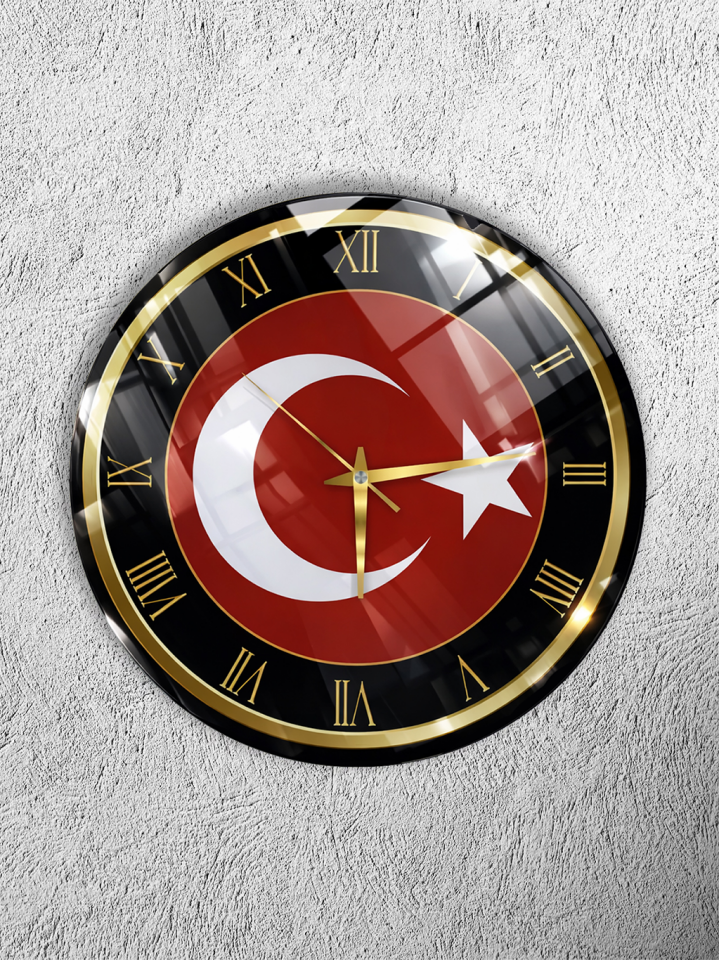 KIRILMAZ CAM DUVAR SAATİ, HEM TABLO HEM SAAT TÜRK BAYRAĞI AY YILDIZ TEMALI KLASİK TASARIM EV OFİS HEDİYESİ