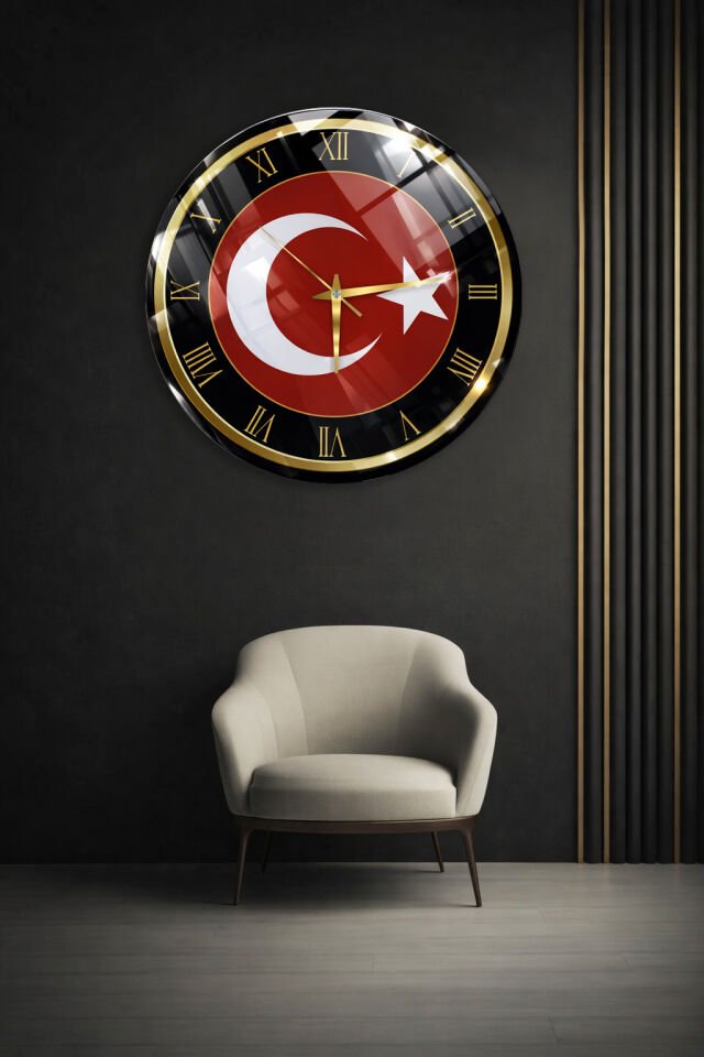 KIRILMAZ CAM DUVAR SAATİ, HEM TABLO HEM SAAT TÜRK BAYRAĞI AY YILDIZ TEMALI KLASİK TASARIM EV OFİS HEDİYESİ