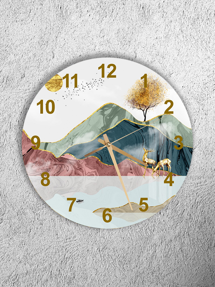 KIRILMAZ CAM DUVAR SAATİ, HEM TABLO HEM SAAT DAĞ VE GEYİK MANZARALI EV OFİS HEDİYESİ