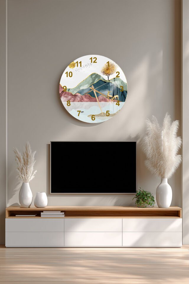 KIRILMAZ CAM DUVAR SAATİ, HEM TABLO HEM SAAT DAĞ VE GEYİK MANZARALI EV OFİS HEDİYESİ