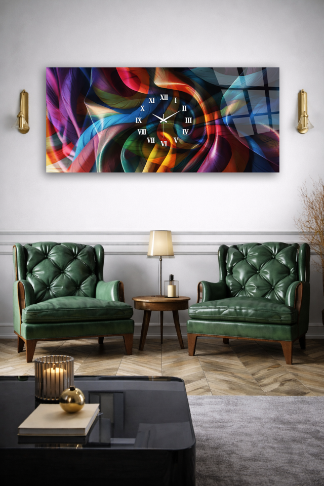 KIRILMAZ CAM DUVAR SAATİ , HEM TABLO HEM SAAT RENKLİ SOYUT SPİRAL EV OFİS HEDİYESİ
