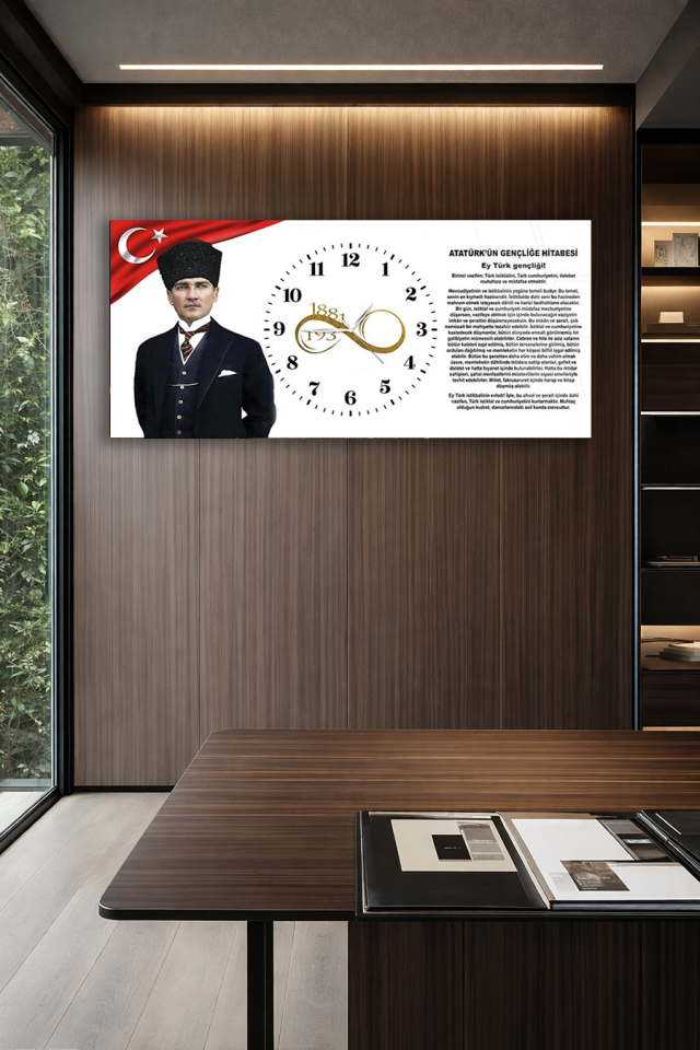 KIRILMAZ CAM DUVAR SAATİ , HEM TABLO HEM SAAT ATATÜRK GENÇLİĞE HİTABE TEMALI CAM SAAT OFİS HEDİYESİ