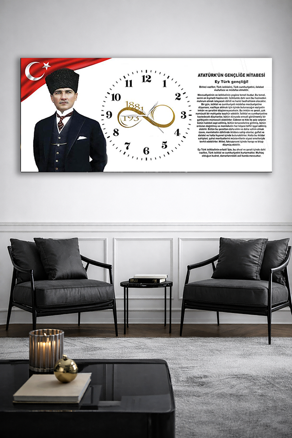 KIRILMAZ CAM DUVAR SAATİ , HEM TABLO HEM SAAT ATATÜRK GENÇLİĞE HİTABE TEMALI CAM SAAT OFİS HEDİYESİ