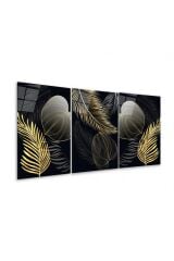 3 LÜ ALTIN YAPRAKLI SİYAHIN UYUMU MODERN TASARIM KIRILMAZ CAM TABLO LÜKS TABLO EV HEDİYESİ