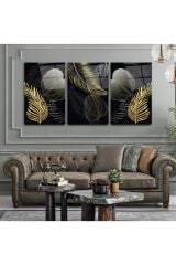 3 LÜ ALTIN YAPRAKLI SİYAHIN UYUMU MODERN TASARIM KIRILMAZ CAM TABLO LÜKS TABLO EV HEDİYESİ