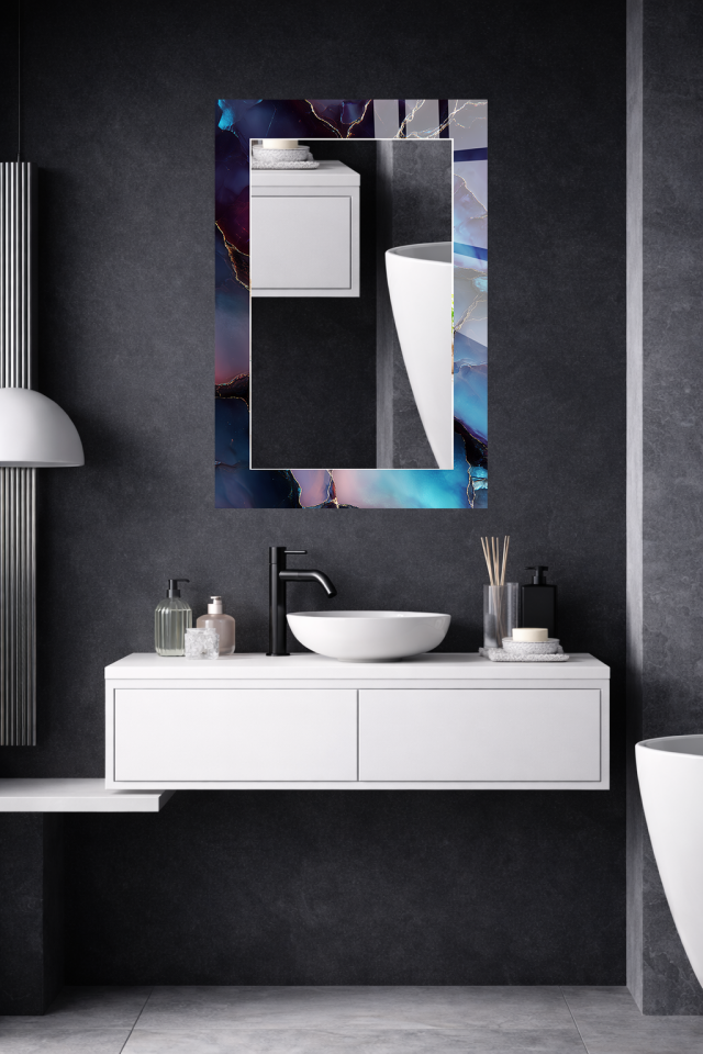 HEM TABLO HEM AYNA KOYU MAVİ ALTIN DAMAR MERMER CAM DUVAR AYNASI EV DEKORU