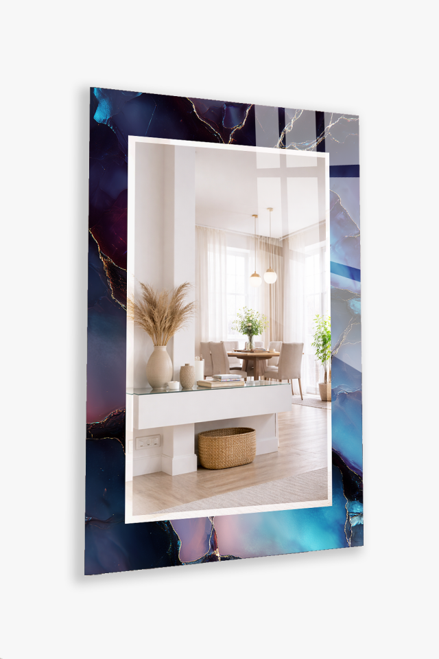 HEM TABLO HEM AYNA KOYU MAVİ ALTIN DAMAR MERMER CAM DUVAR AYNASI EV DEKORU