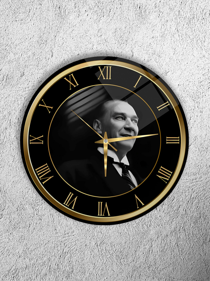 KIRILMAZ CAM DUVAR SAATİ, HEM TABLO HEM SAAT ATATÜRK  PORTRE KLASİK TASARIM EV OFİS HEDİYESİ