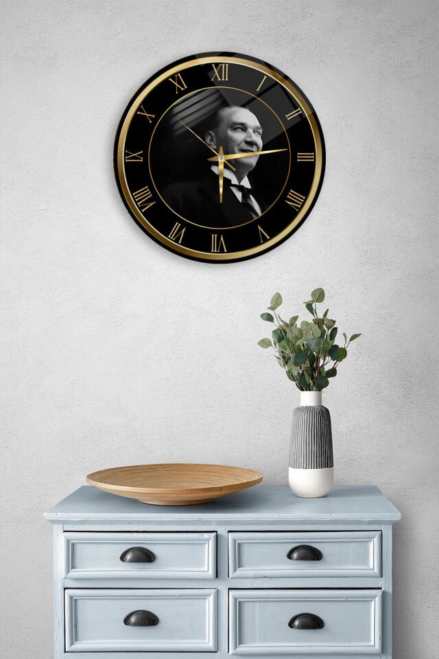 KIRILMAZ CAM DUVAR SAATİ, HEM TABLO HEM SAAT ATATÜRK  PORTRE KLASİK TASARIM EV OFİS HEDİYESİ
