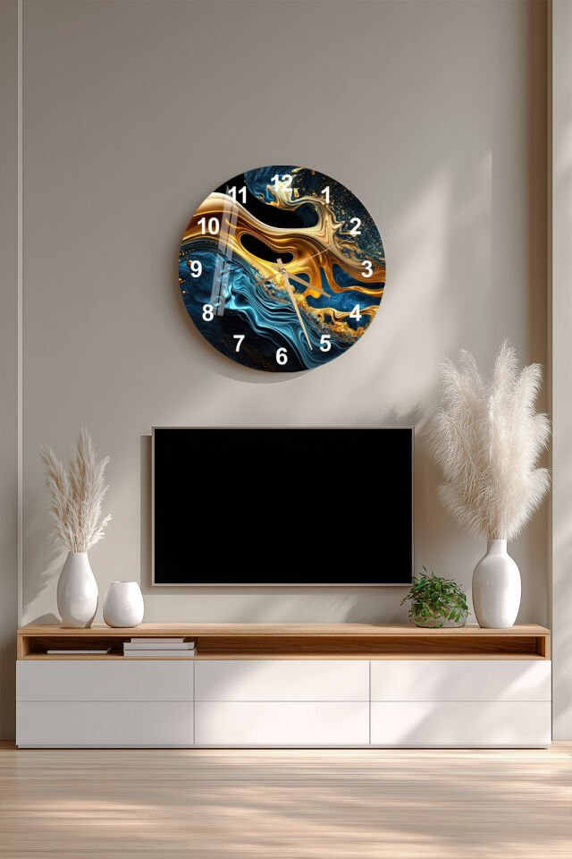 KIRILMAZ CAM DUVAR SAATİ, HEM TABLO HEM SAAT ALTIN VE LACİVERT SOYUT SANAT EV OFİS HEDİYESİ