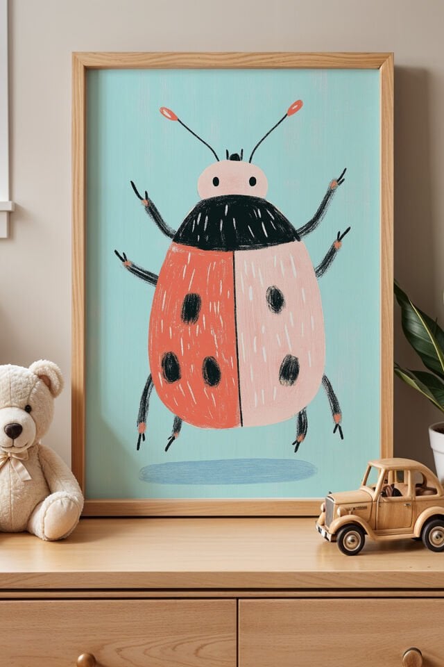 DOĞAL AHŞAP - Sevimli Uğur Böceği Çocuk Odası Ahşap Çerçeveli Duvar Tablosu