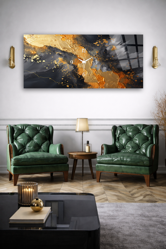 KIRILMAZ CAM DUVAR SAATİ , HEM TABLO HEM SAAT GRİ ALTIN MODERN SOYUT EV OFİS HEDİYESİ