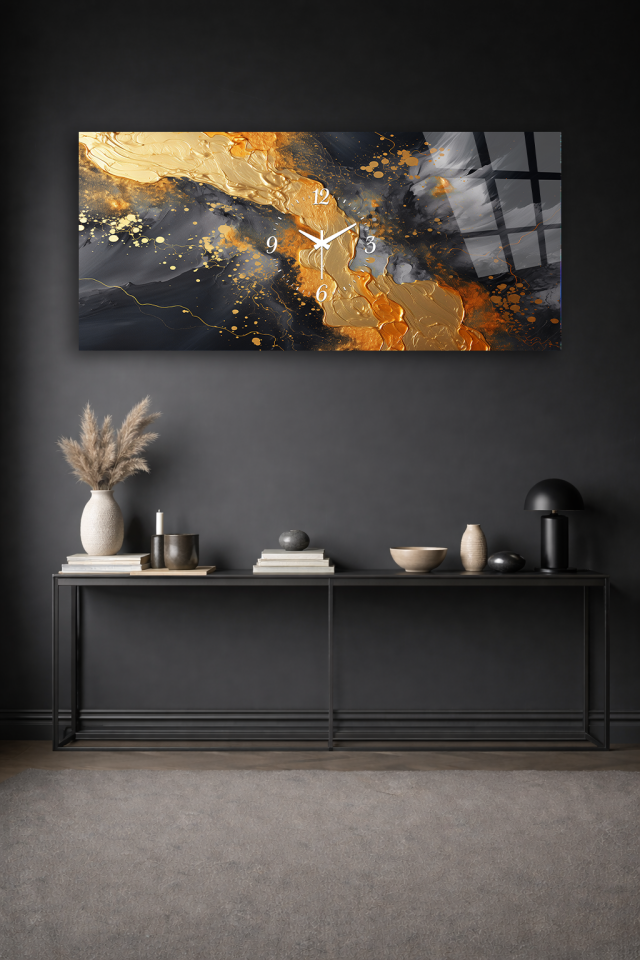 KIRILMAZ CAM DUVAR SAATİ , HEM TABLO HEM SAAT GRİ ALTIN MODERN SOYUT EV OFİS HEDİYESİ