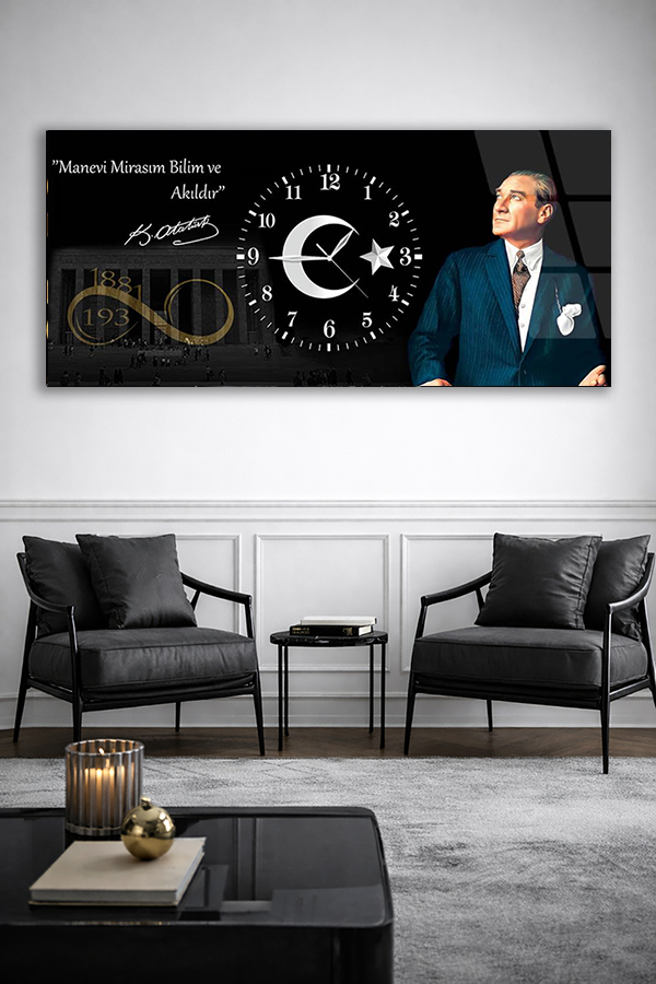 KIRILMAZ CAM DUVAR SAATİ , HEM TABLO HEM SAAT ATATÜRK İMZALI AY YILDIZLI CAM SAAT EV OFİS HEDİYESİ