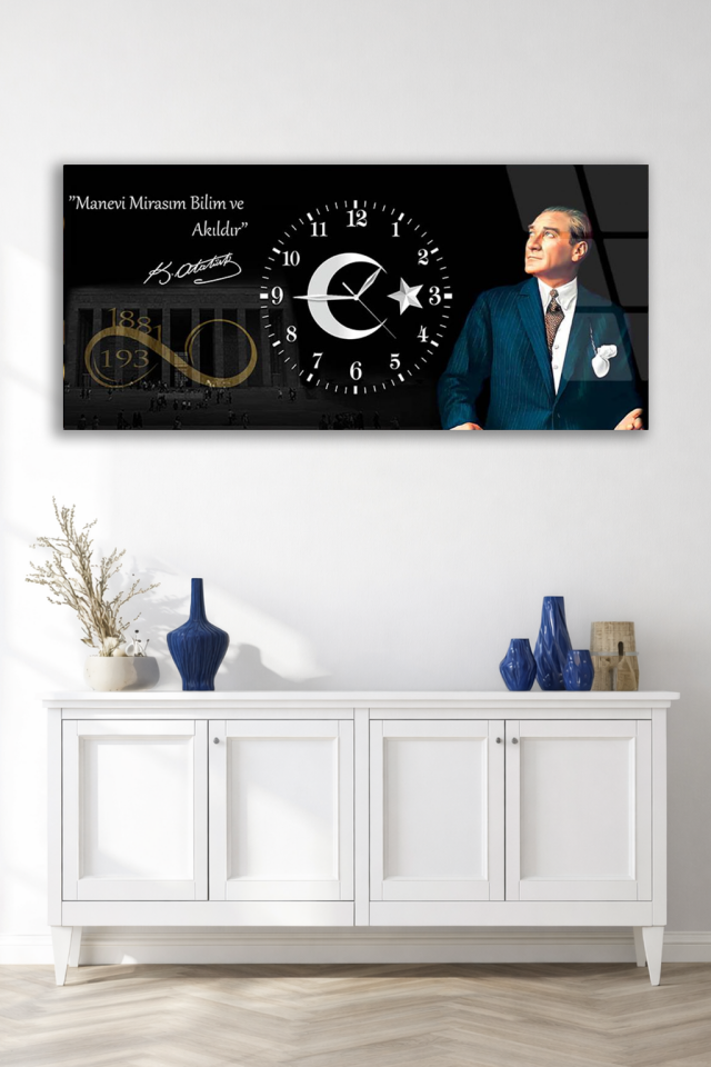 KIRILMAZ CAM DUVAR SAATİ , HEM TABLO HEM SAAT ATATÜRK İMZALI AY YILDIZLI CAM SAAT EV OFİS HEDİYESİ