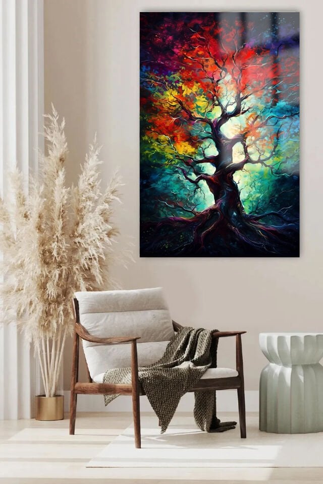 RENGARENK HARİKA AĞAÇ TASARIMI KIRILMAZ CAM TABLO EV HEDİYESİ İŞ YERİ HEDİYESİ CAM TABLO