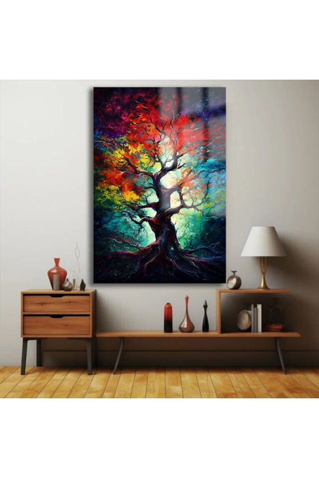 RENGARENK HARİKA AĞAÇ TASARIMI KIRILMAZ CAM TABLO EV HEDİYESİ İŞ YERİ HEDİYESİ CAM TABLO