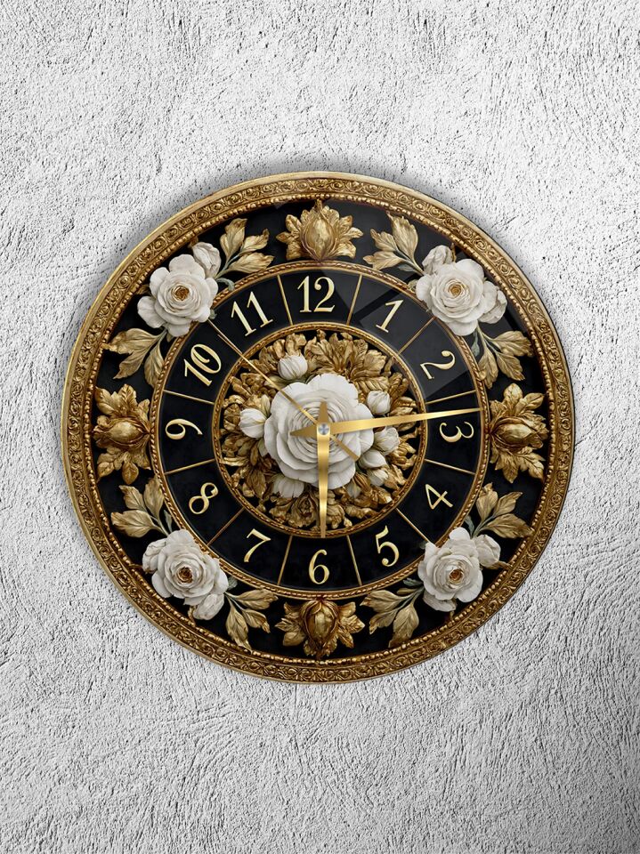 KIRILMAZ CAM DUVAR SAATİ, HEM TABLO HEM SAAT KABARTMALI GÜL ÇİÇEK DESENLİ AVANGART TASARIM EV OFİS HEDİYESİ