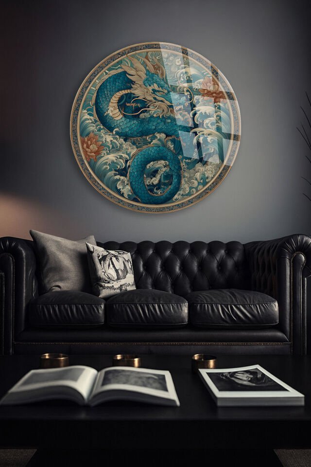 KIRILMAZ CAM DUVAR TABLOSU – OKYANUS EJDERHA DALGA SANAT TASARIMI | ORYANTAL DEKOR